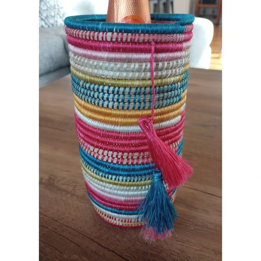 Handcrafted Sisal Coil Wine/Champagne Holder W/Tassels Made In Rwanda